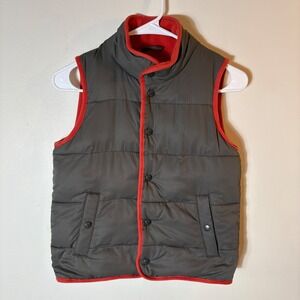 Mini Boden Puffer Vest Taupe Gray with Red Trim‎ Fleece Lined 7-8Y